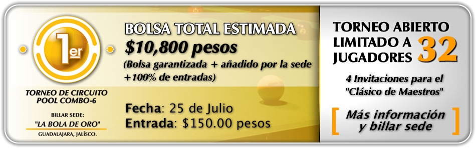 1er Torneo de Circuito Pool Combo-6, Billar la Bola de Oro, Guadalajara, Jalísco.