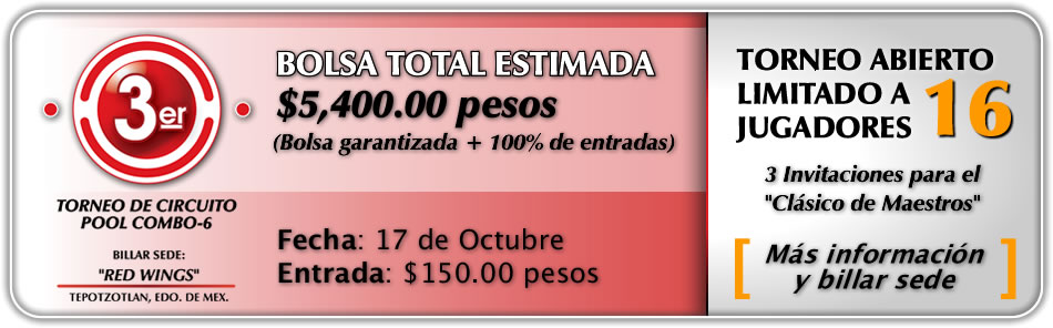3er Torneo de Circuito Pool Combo-6, Billar Red Wings, Tepotzotlan, Estado de México.